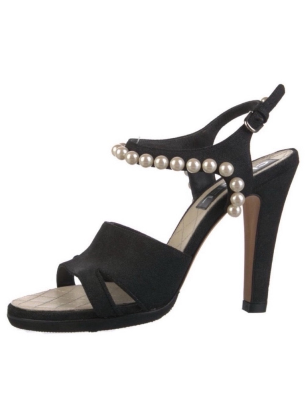 CHANEL Black Suede Faux Pearl Slingback Heeled CC 2014 Runway Sandals 37.5 - Picture 3 of 10